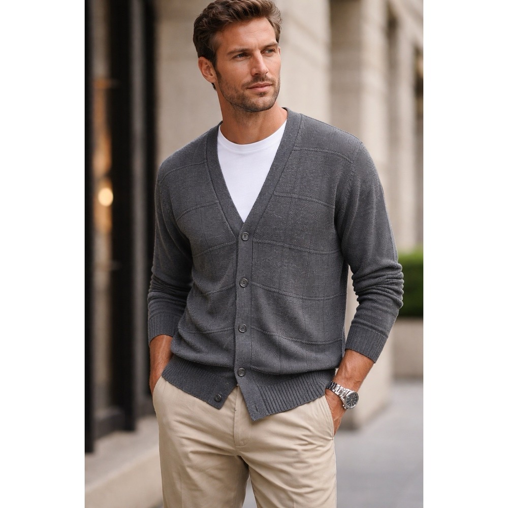 Oscar de la Renta Mens Gray Textured Knit Cardigan Sweater XL Button Front